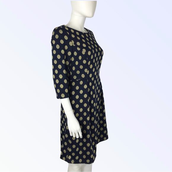 Boden Dress Gold Metallic & Navy Blue Knitted Polka Dot Knee Length - Picture 4 of 8
